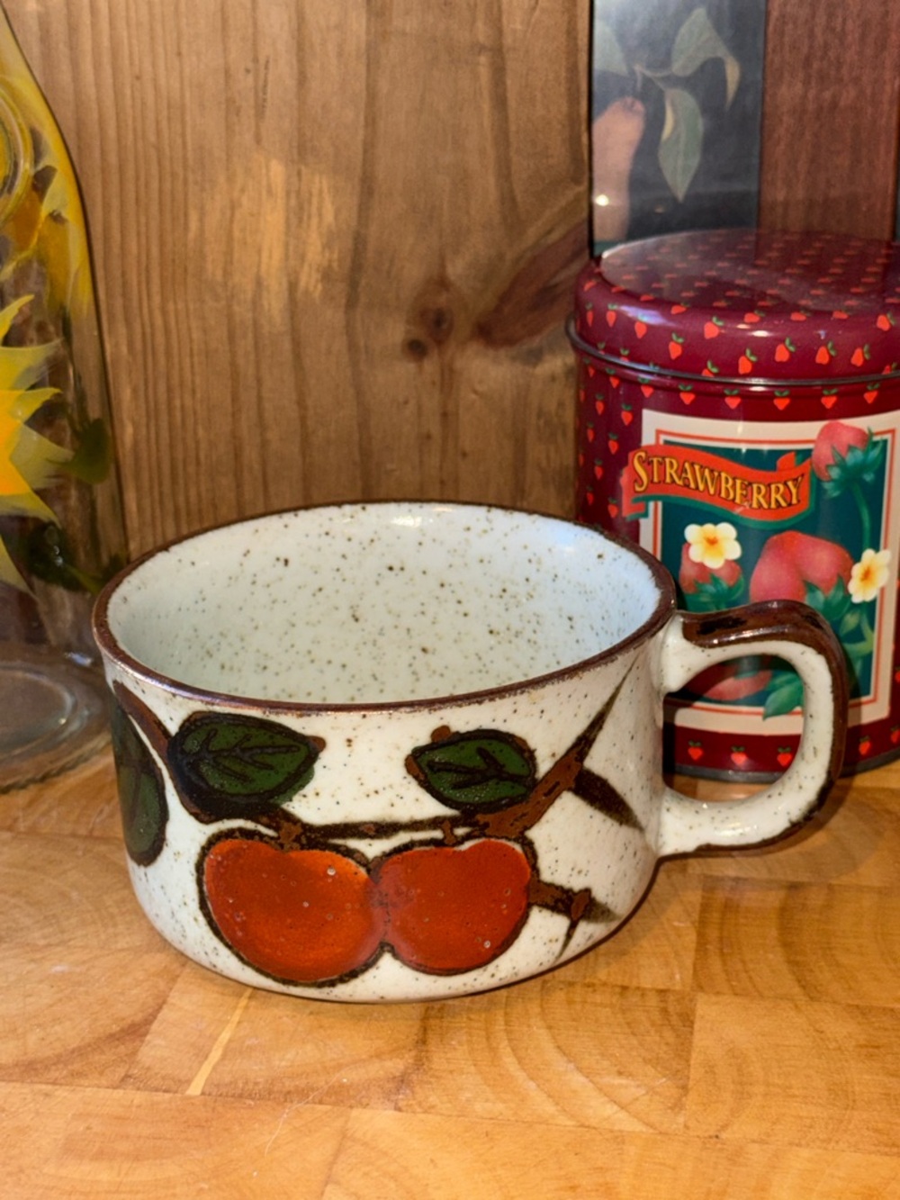 Vintage Otigari Stoneware Soup Mug | Cherry and Leaf Design | Rustic 1970’s Mug
